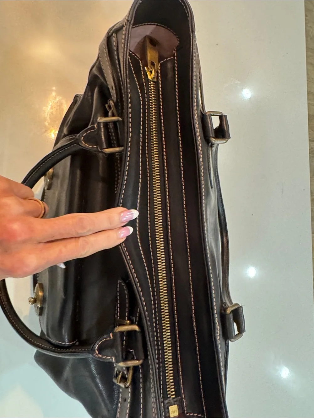 Marc Jacobs Black Leather Top-Handle Tote with Gold Hardware